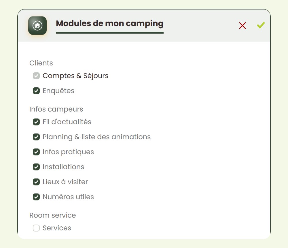 Choix des modules dans le back-office Camp’in, room service décoché